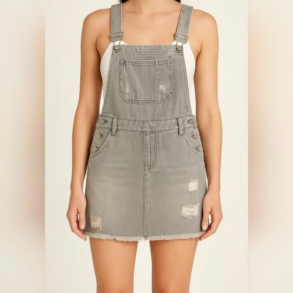 POL Gray Distressed Denim Overall Jumper Dress Small Frayed Hem Cotton Bib Skirt